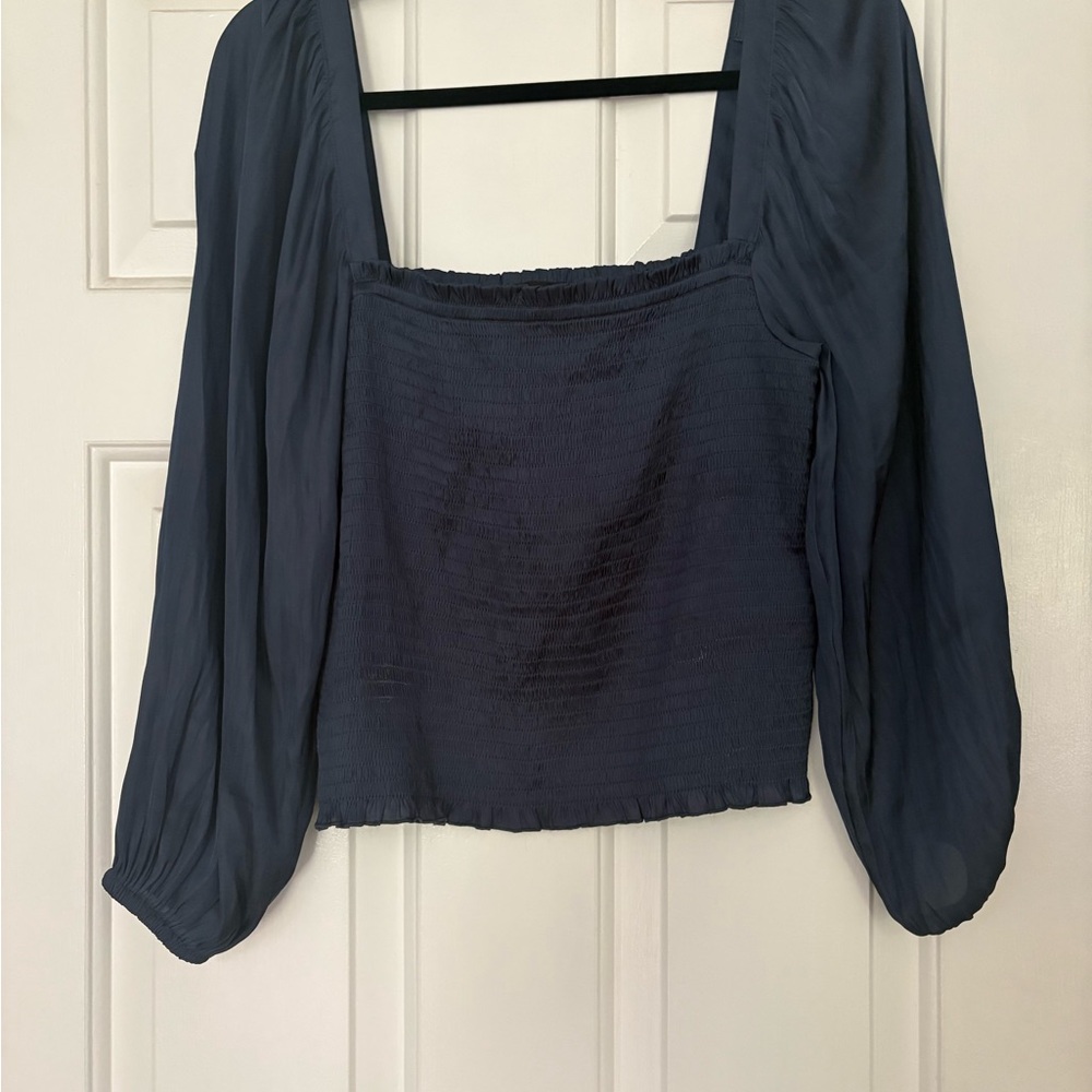 J. Crew Blue Smocked Puff Sleeve Blouse